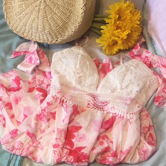 White Floral Crochet V-neck Lined Ruffle Hem Dress - Picture 5 of 10